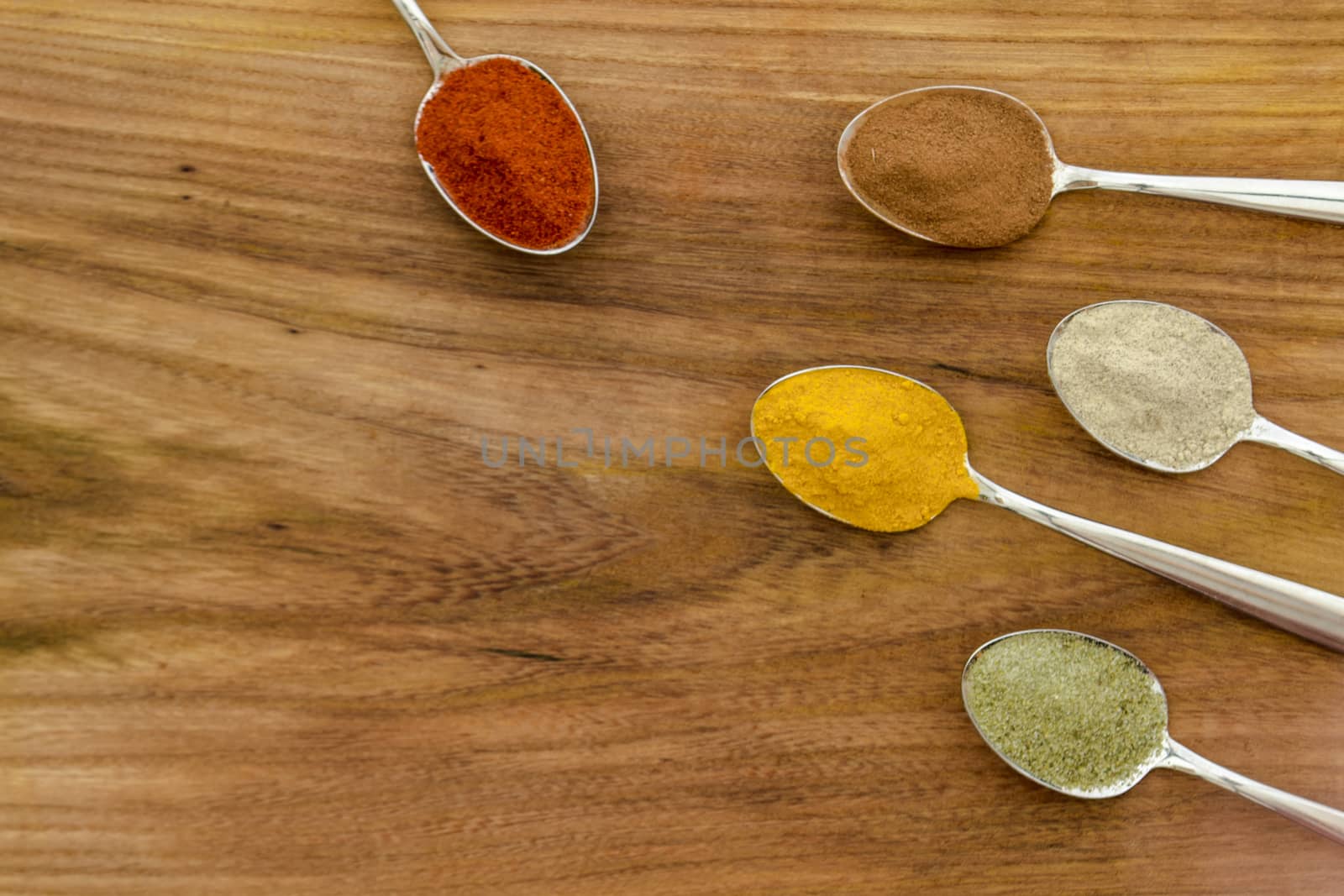 Various colorful spices arranged on spoons  with wooden background