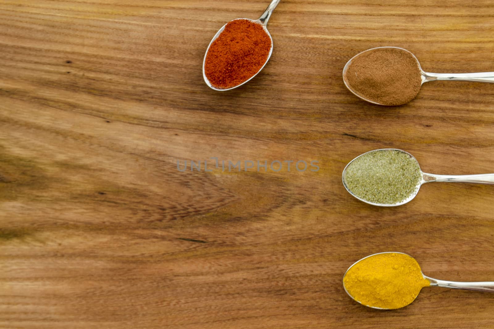 Various colorful spices arranged on spoons  with wooden background