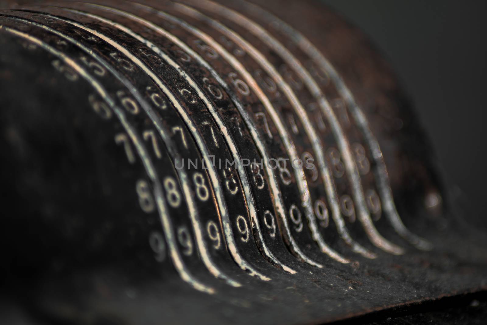 Closeup of an old vintage cash register with lots of numbers