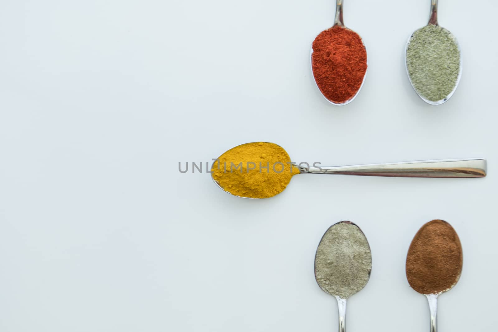 Various colorful spices arranged on spoons  with a white background