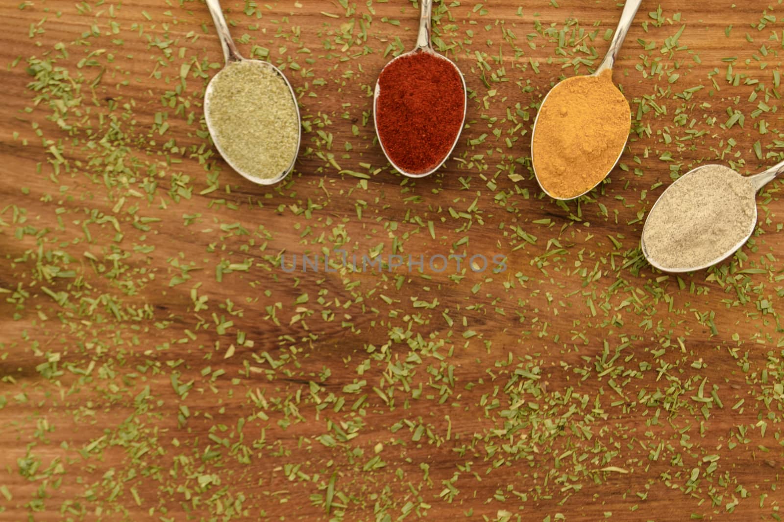 Various colorful spices arranged on spoons  with wooden background