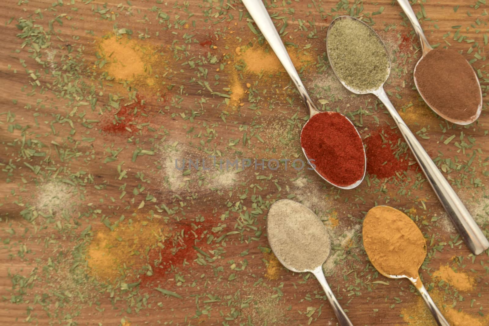 Various colorful spices arranged on spoons  with wooden background