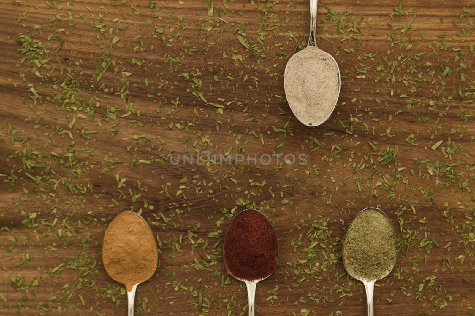 Various colorful spices arranged on spoons  with wooden background