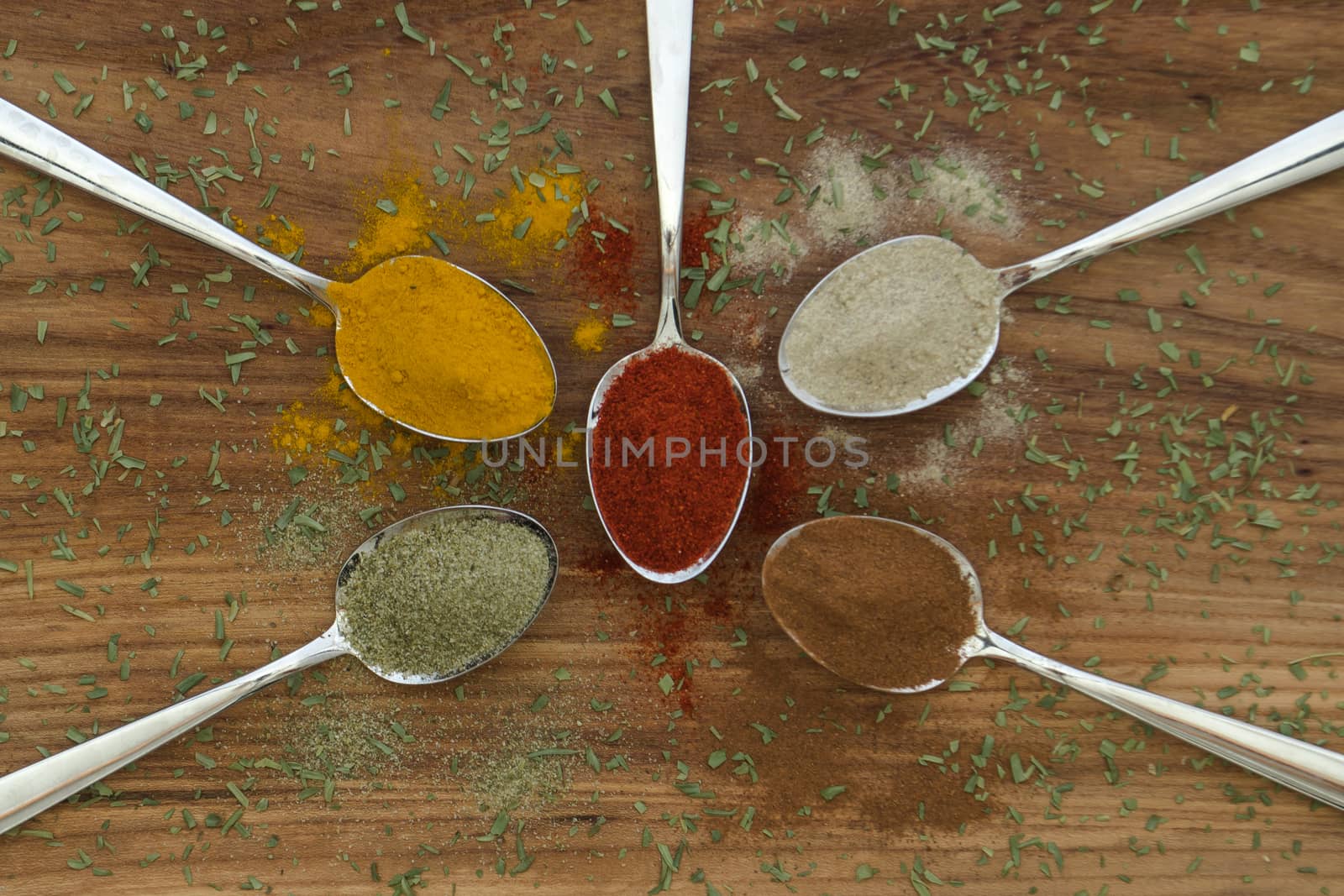 Various colorful spices arranged on spoons  with wooden background