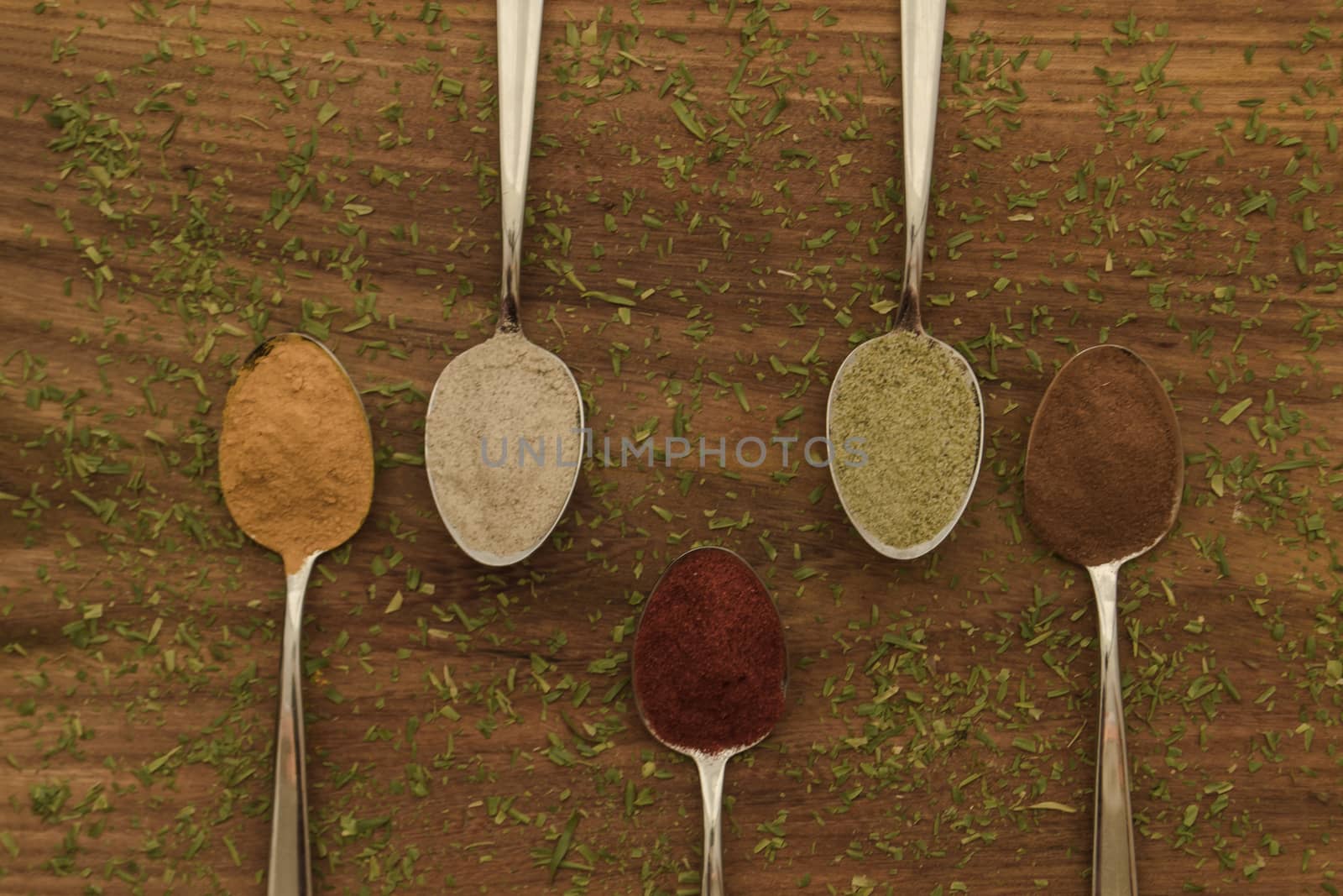 Various colorful spices arranged on spoons  with wooden background