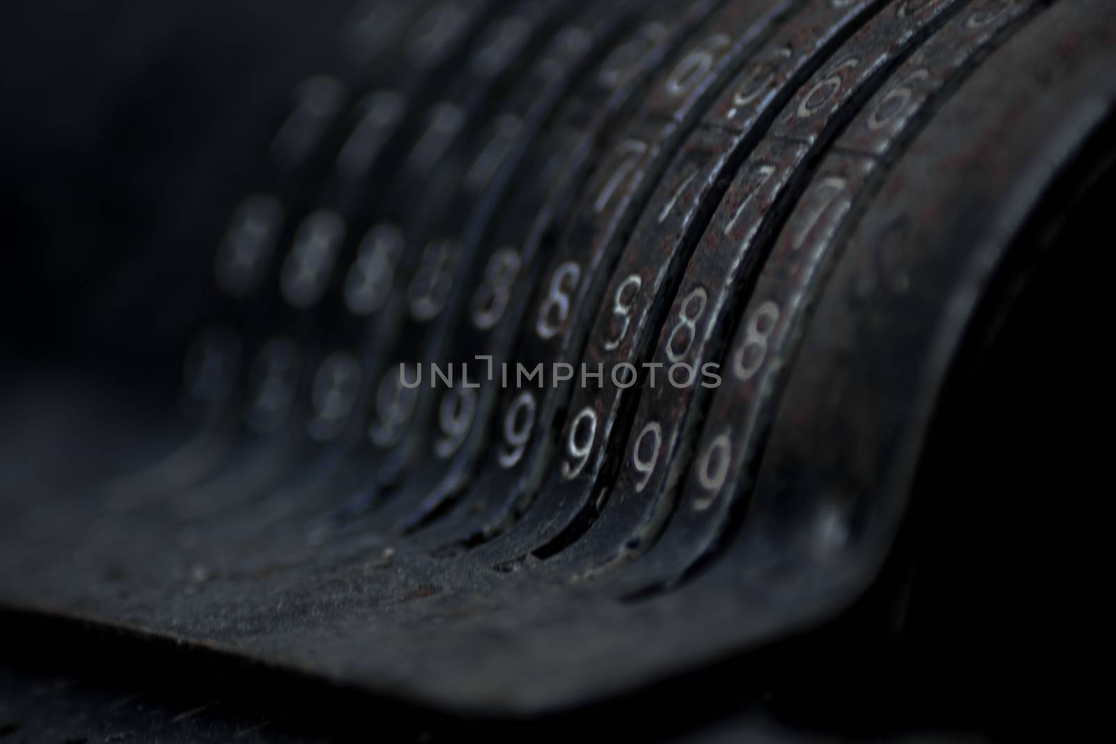 Closeup of an old vintage cash register with lots of numbers