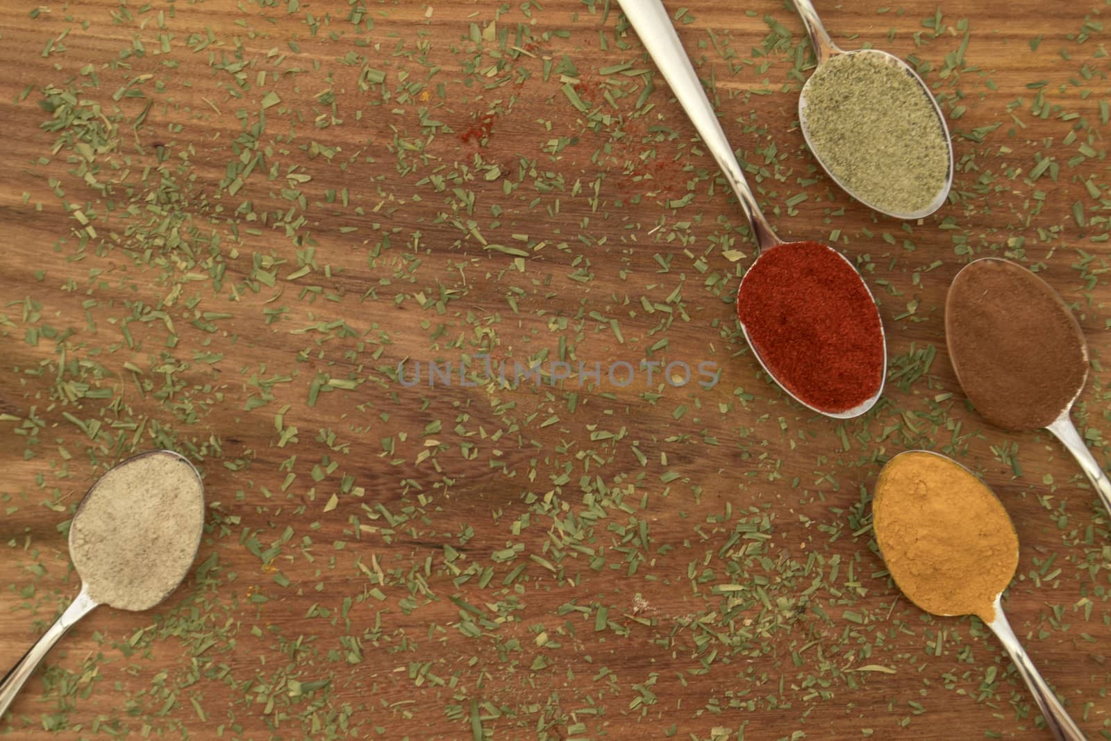 Various colorful spices arranged on spoons  with wooden background