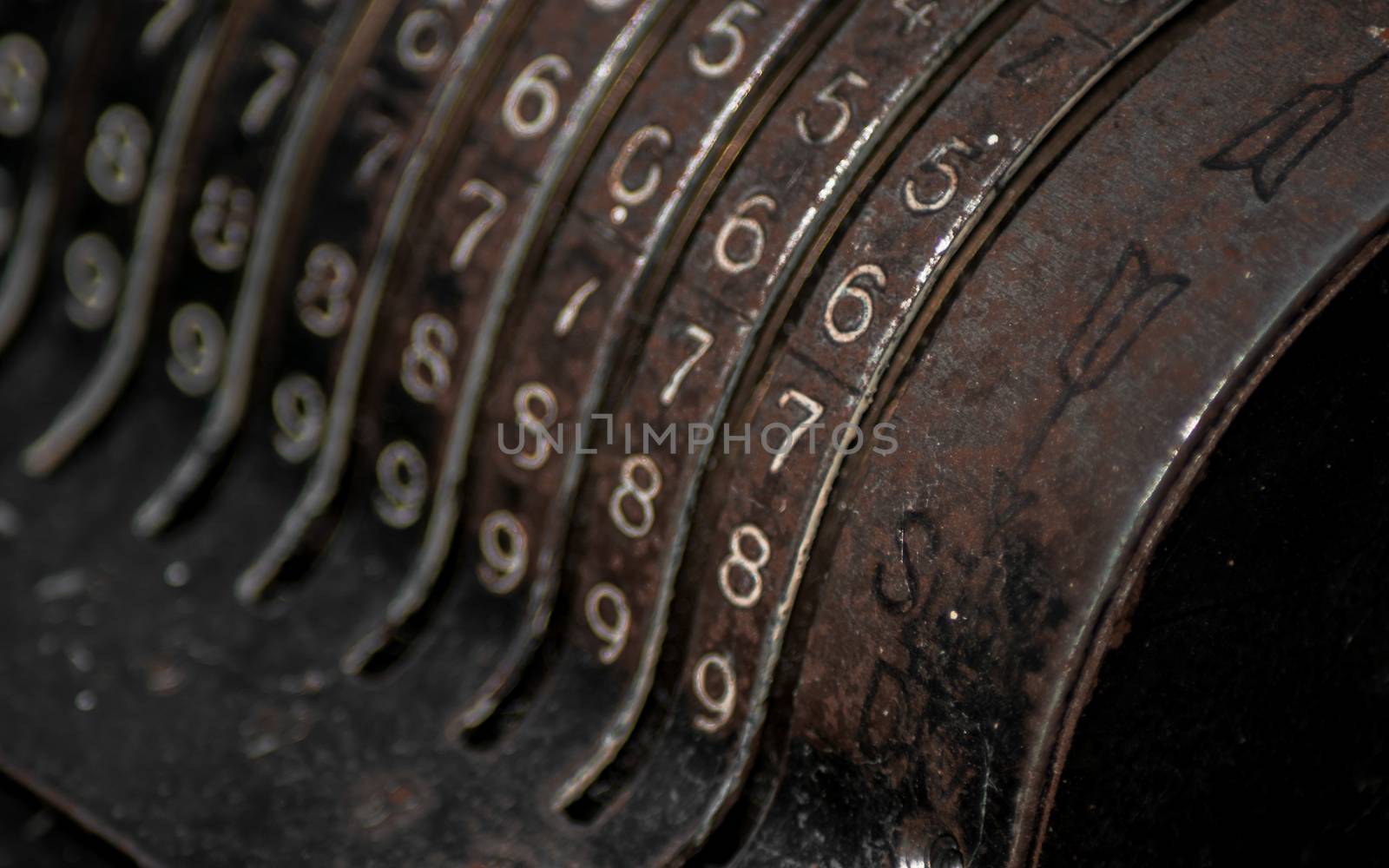 Closeup of an old vintage cash register with lots of numbers