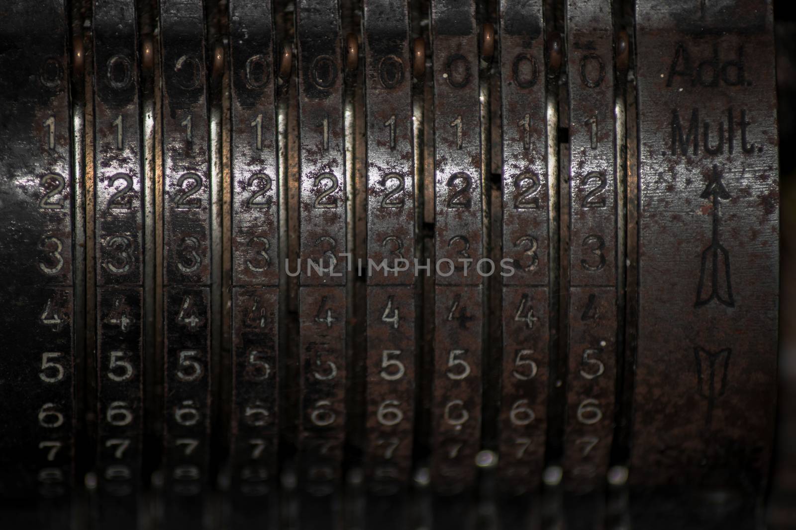 Closeup of an old vintage cash register with lots of numbers