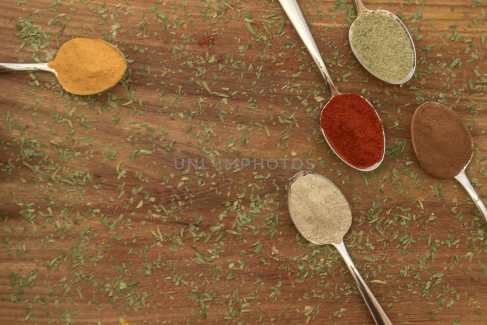 Various colorful spices arranged on spoons  with wooden background