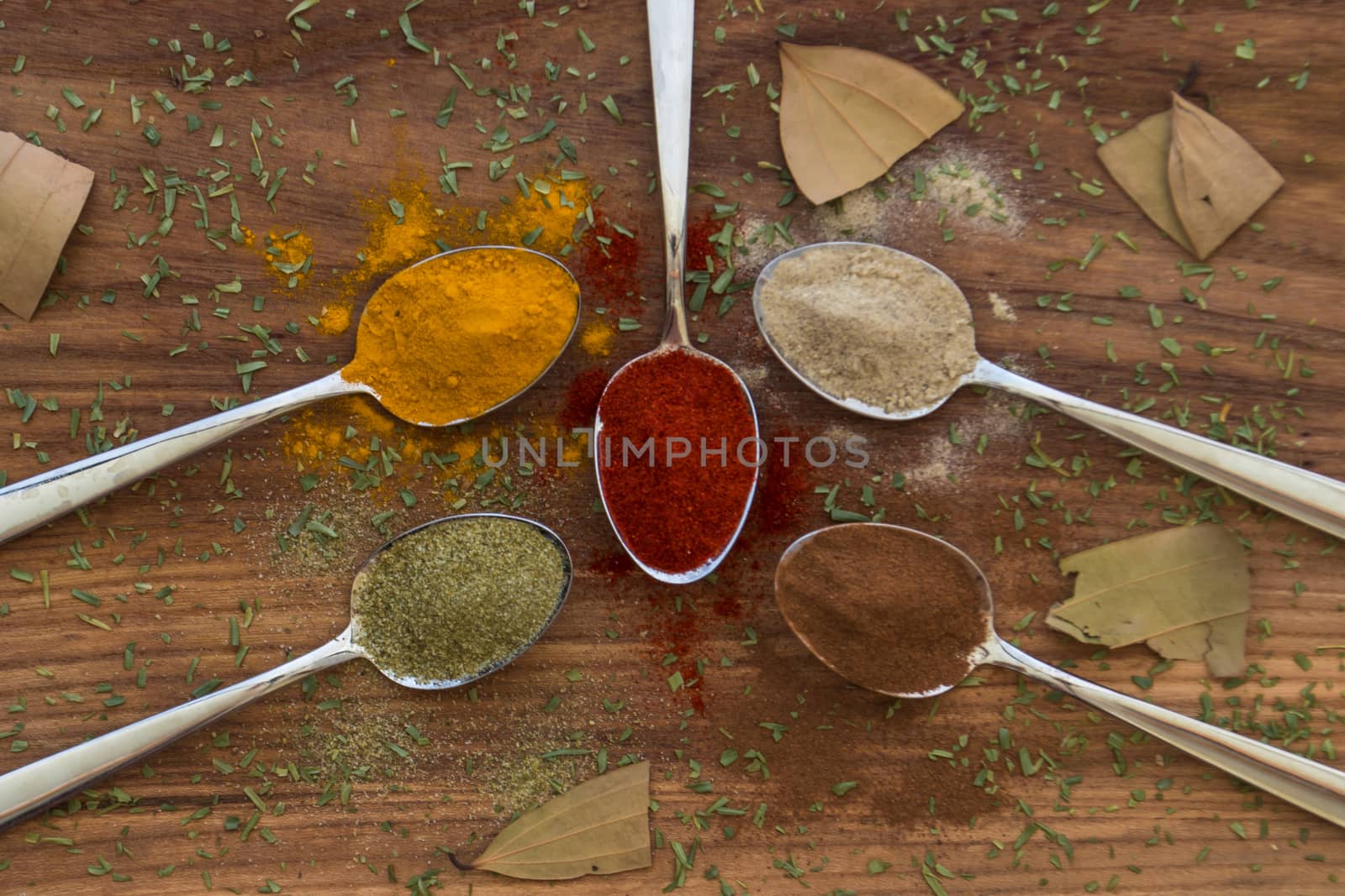 Various colorful spices arranged on spoons  with wooden background