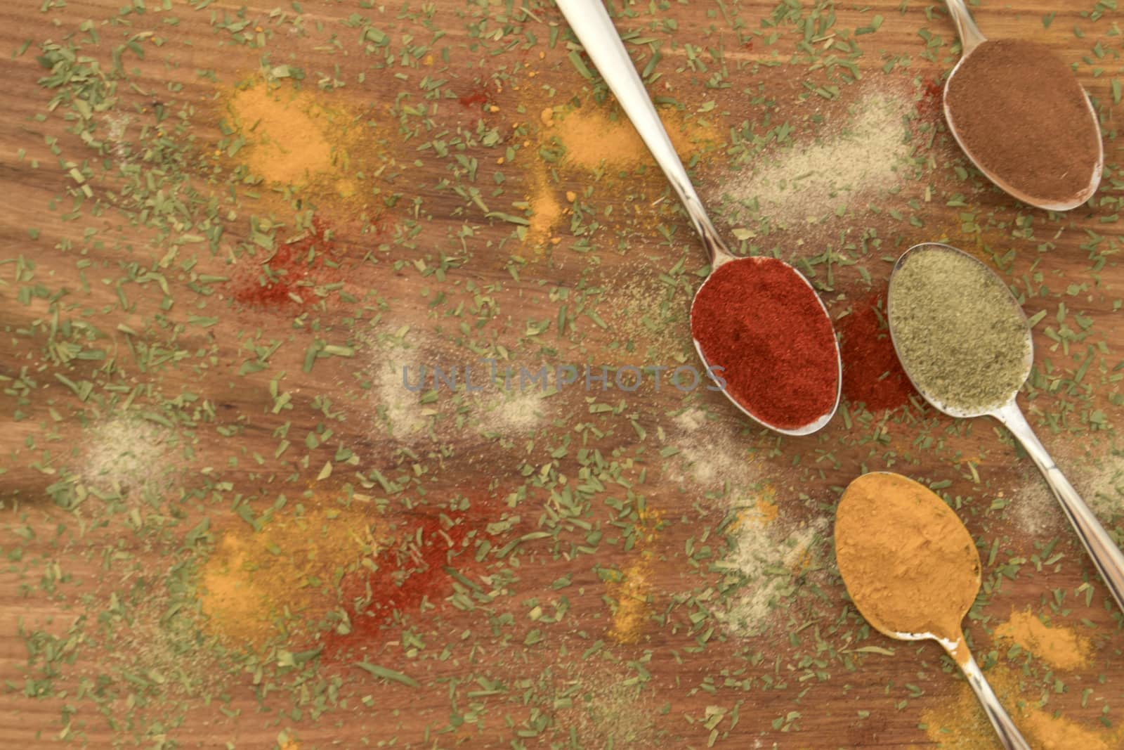 Various colorful spices arranged on spoons  with wooden background