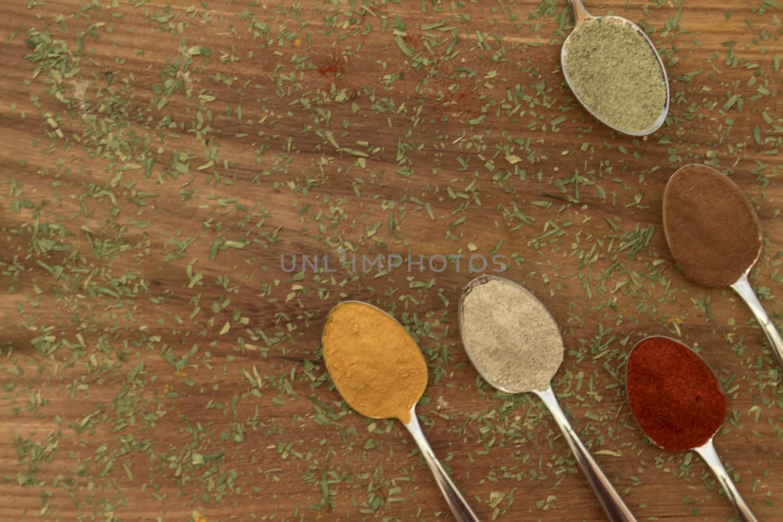 Various colorful spices arranged on spoons  with wooden background