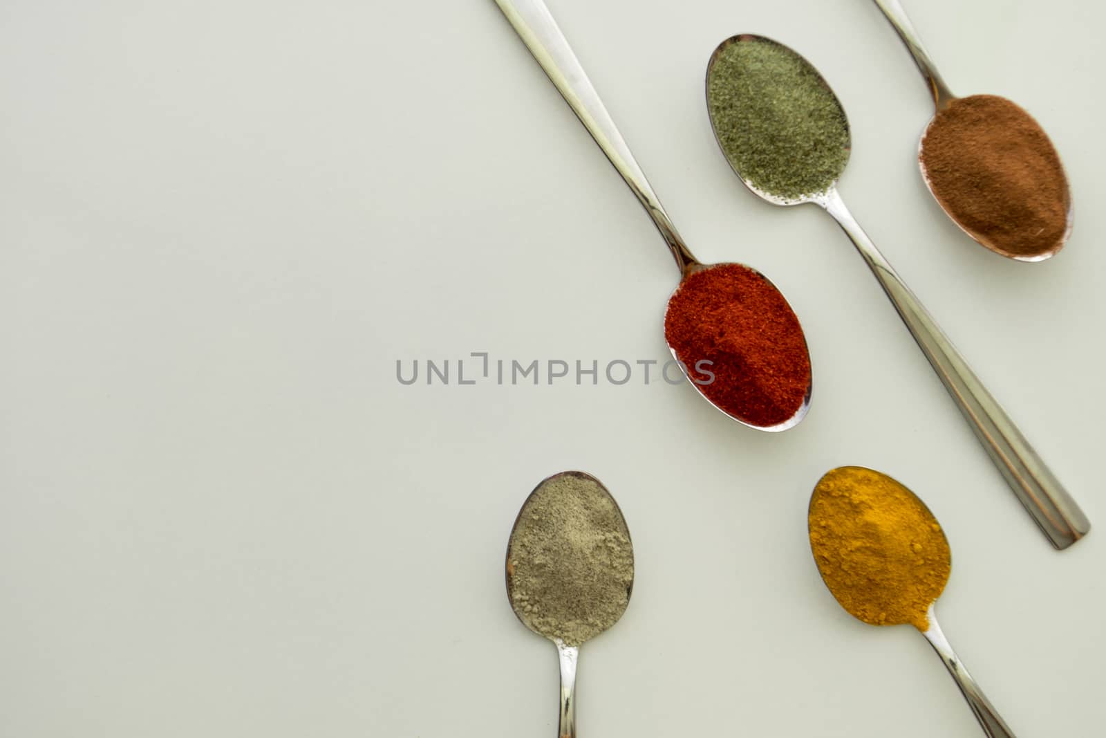 Various colorful spices arranged on spoons  with a white background