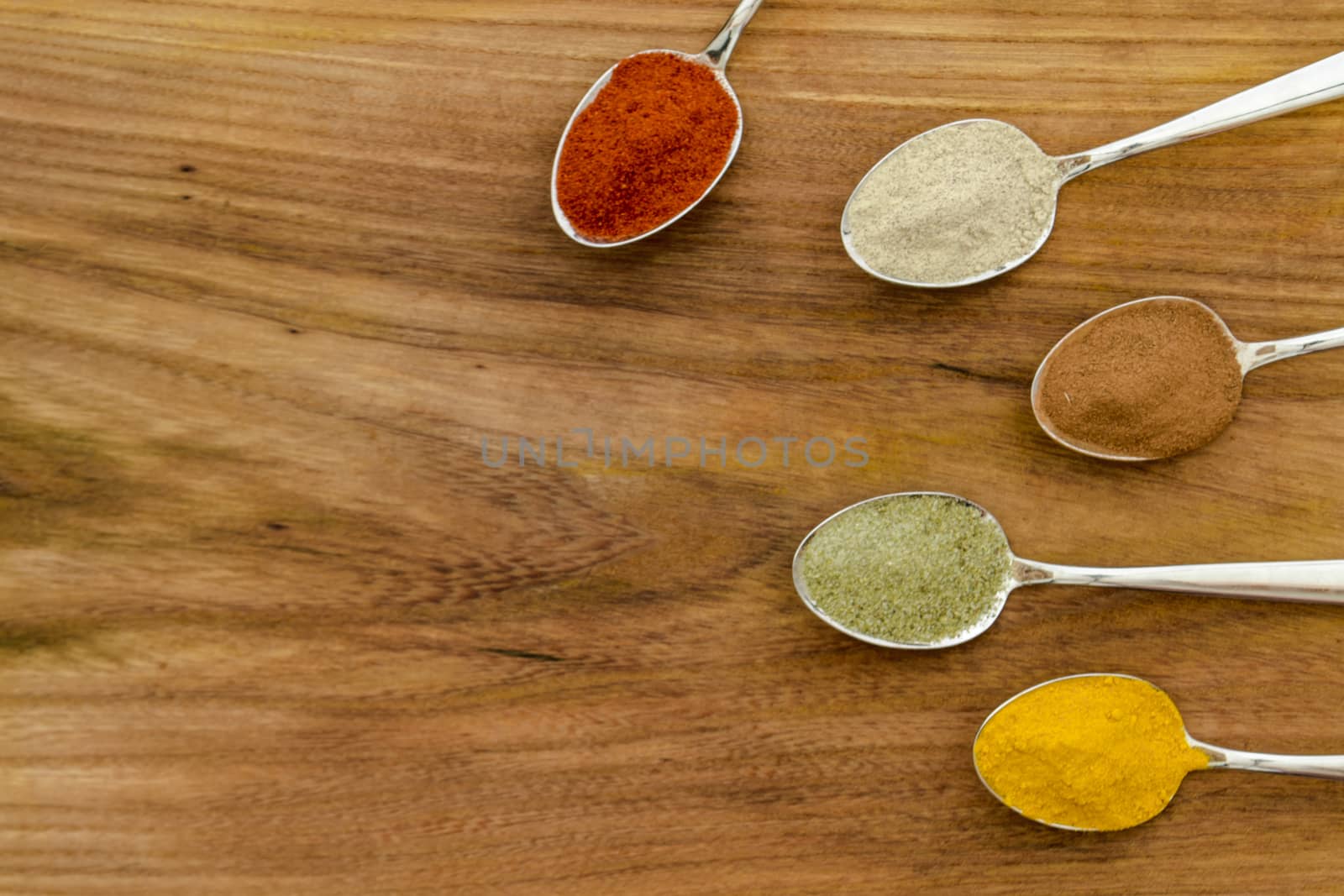 Various colorful spices arranged on spoons  with wooden background