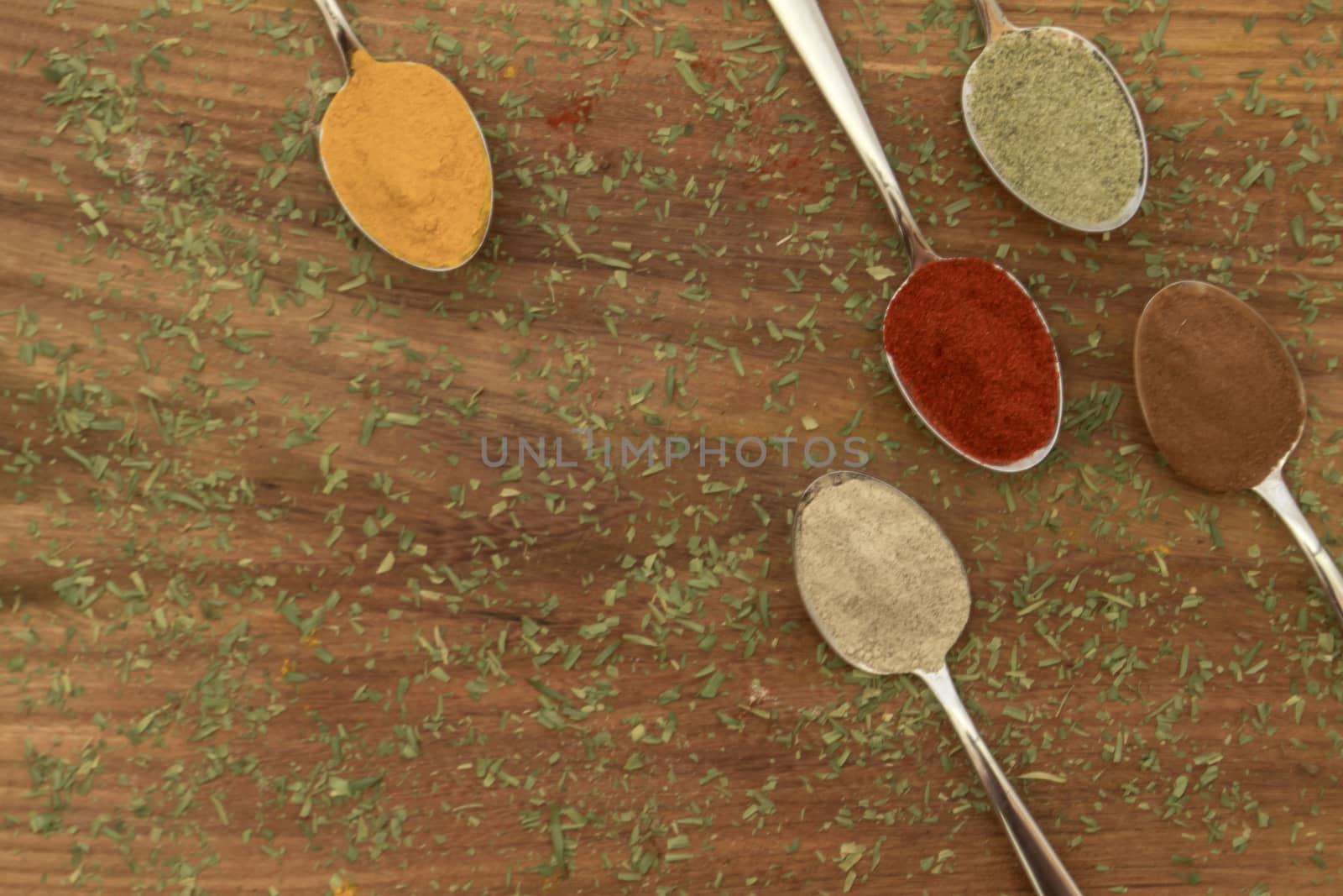 Various colorful spices arranged on spoons  with wooden background