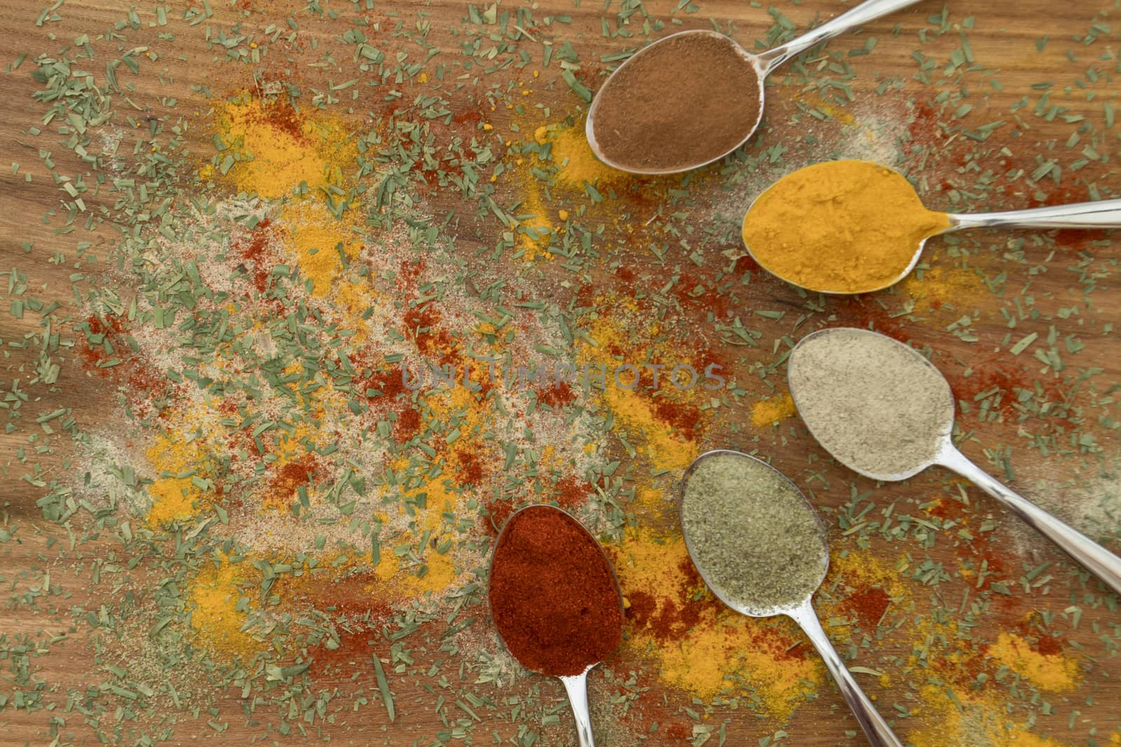 Various colorful spices arranged on spoons  with wooden background