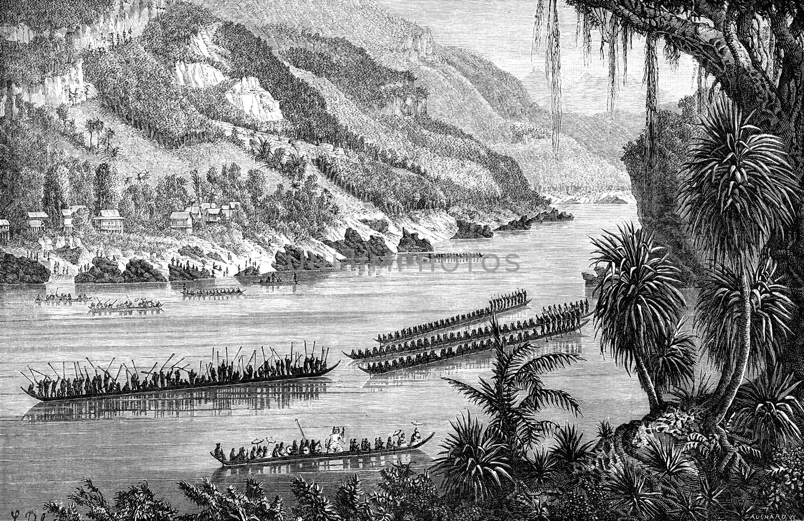 Boat race on the Mekong, vintage engraving. by Morphart