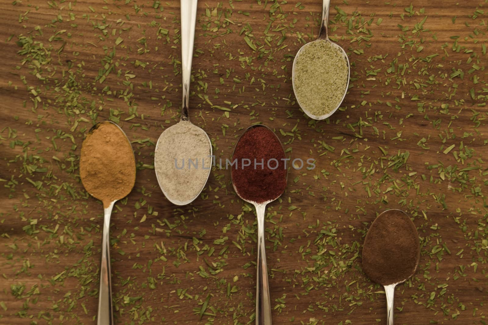 Various colorful spices arranged on spoons  with wooden background