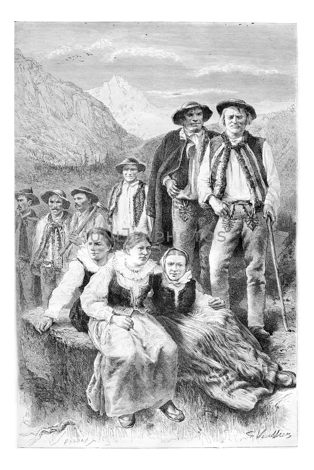 Podhales of the Tatra Mountains, Poland, drawing by G. Vuillier from a photograph, vintage engraved illustration. Le Tour du Monde, Travel Journal, 1881