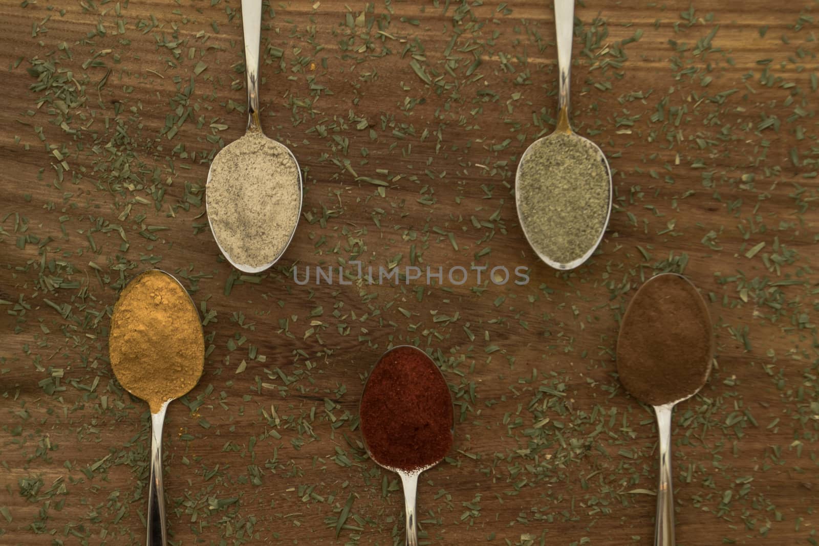 Various colorful spices arranged on spoons  with wooden background