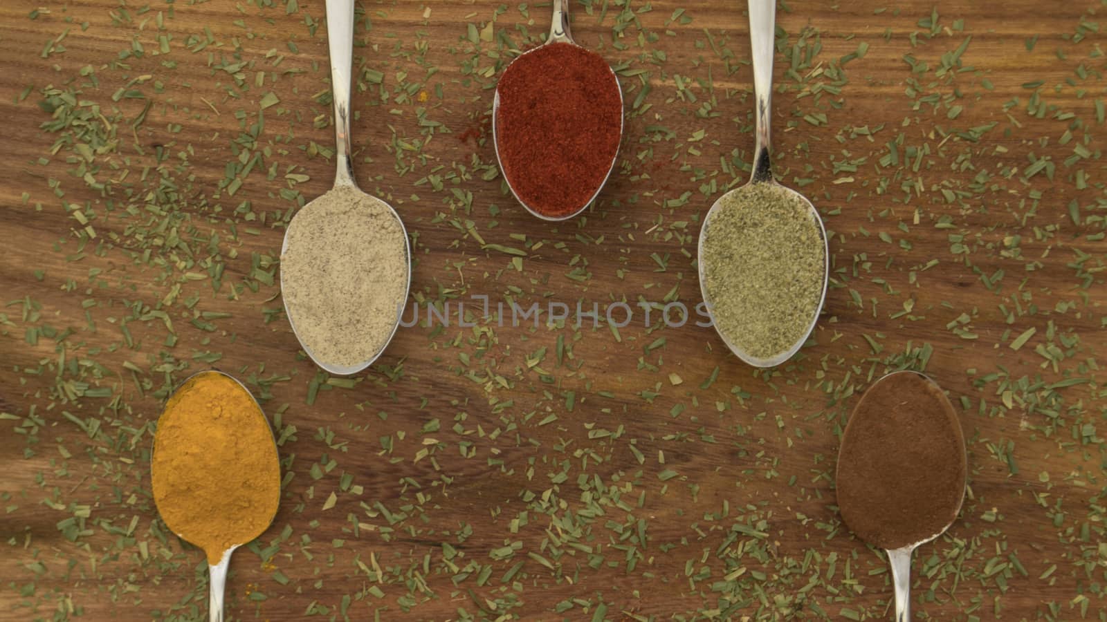 Various colorful spices arranged on spoons  with wooden background