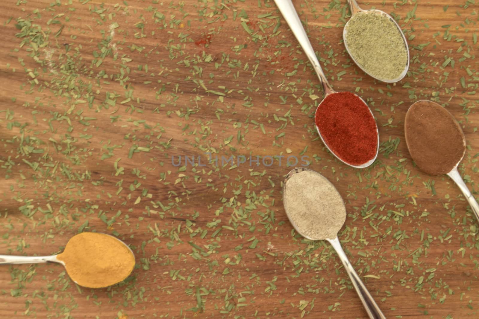 Various colorful spices arranged on spoons  with wooden background