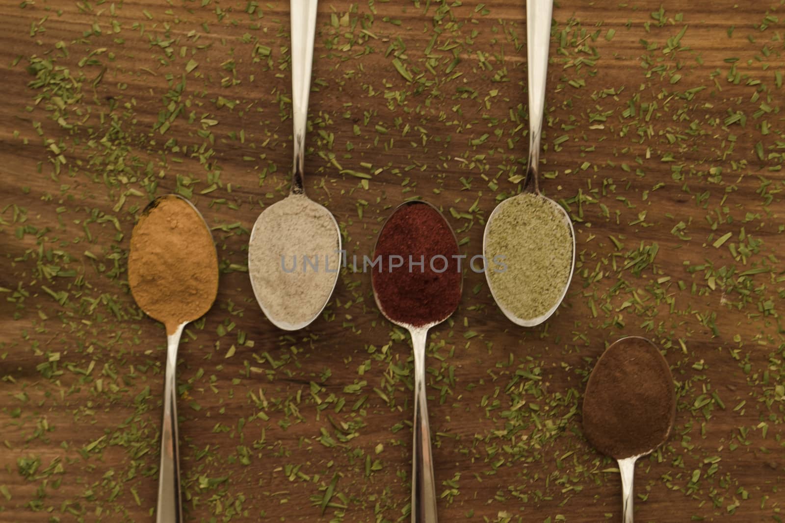 Various colorful spices arranged on spoons  with wooden background