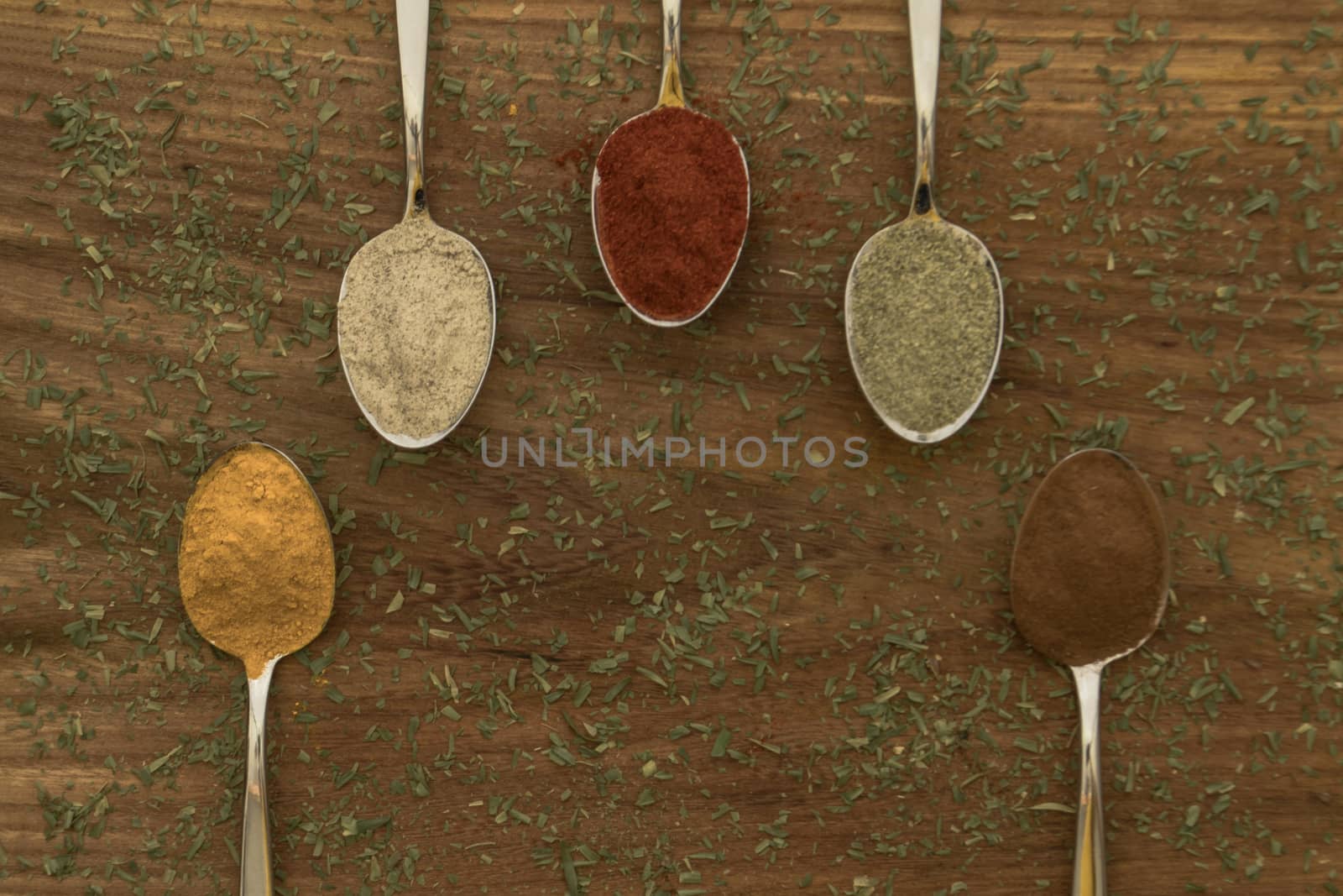 Various colorful spices arranged on spoons  with wooden background