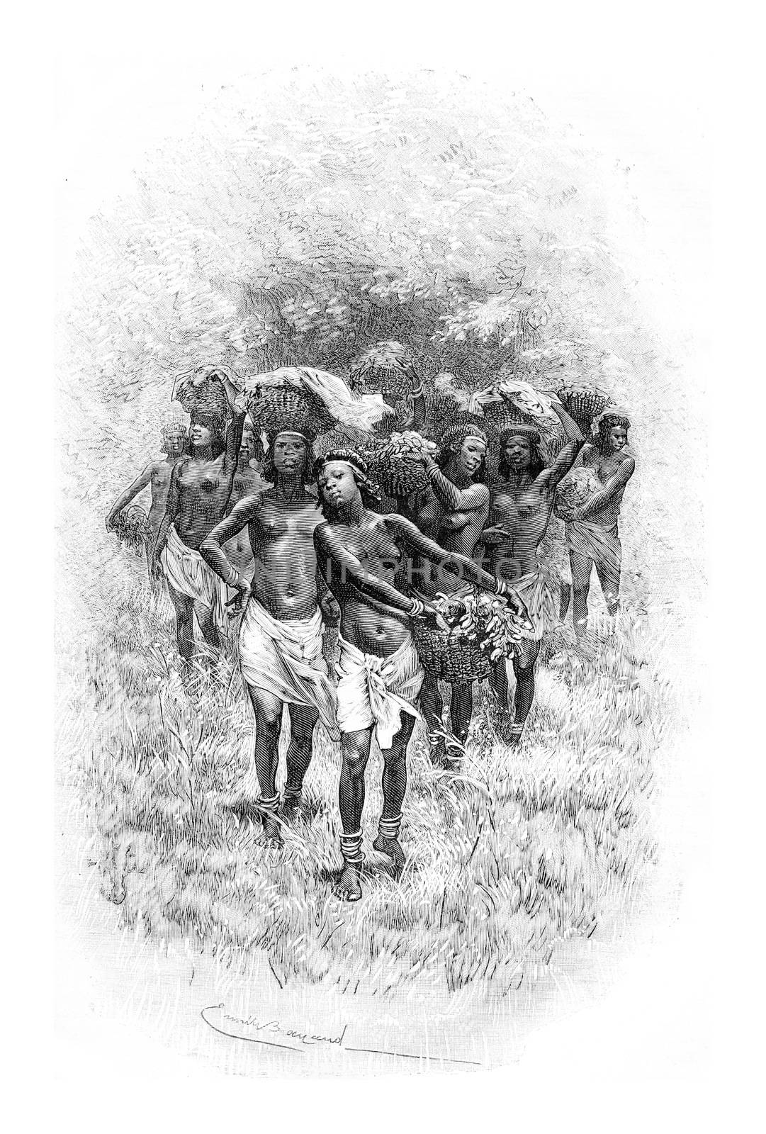 Troop of Girls Carrying Baskets in Angola, Southern Africa, drawing by Bayard based on a sketch by Serpa Pinto, vintage engraved illustration. Le Tour du Monde, Travel Journal, 1881