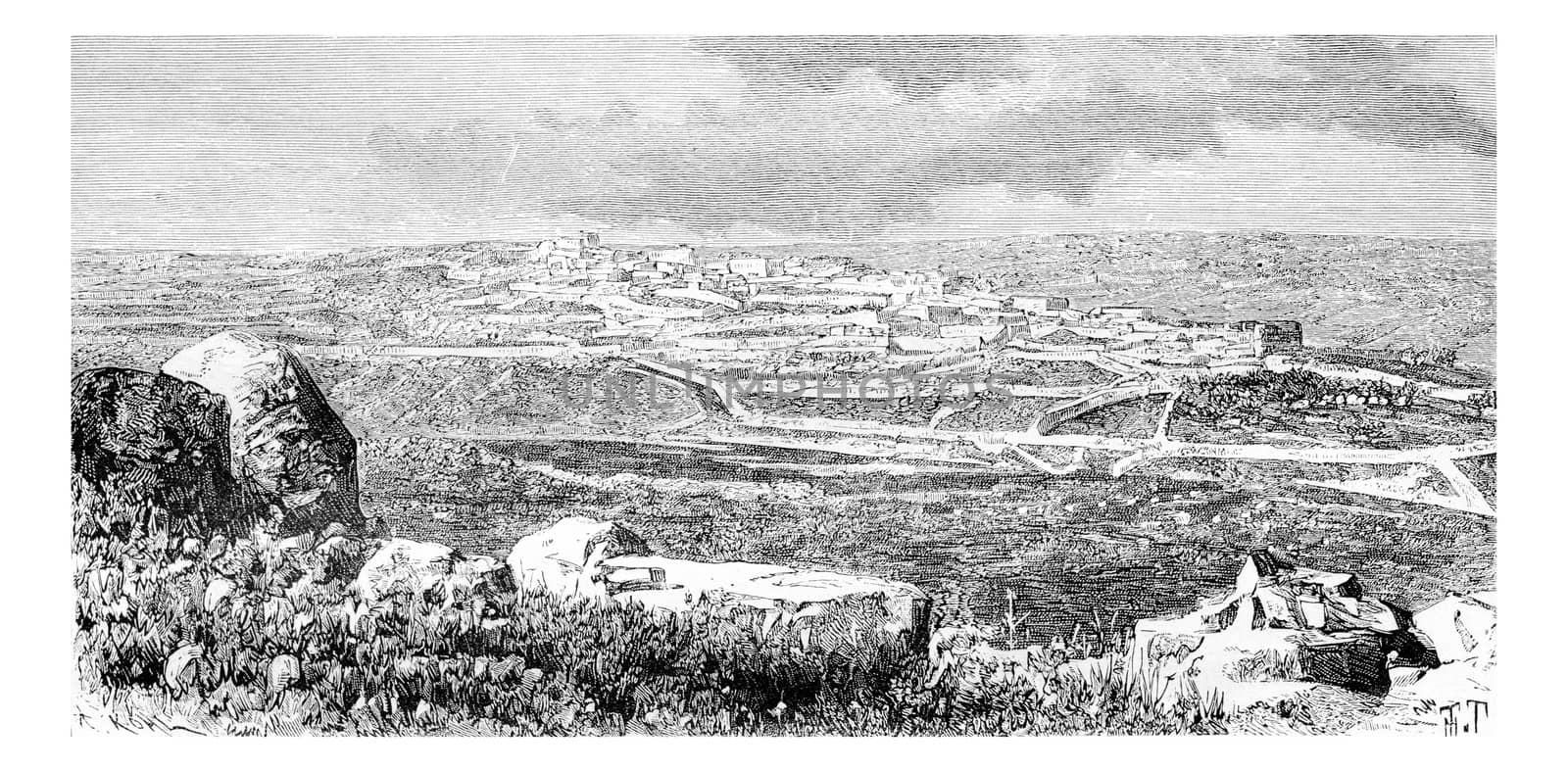 Town of Beitin in West Bank, Israel, vintage engraving by Morphart