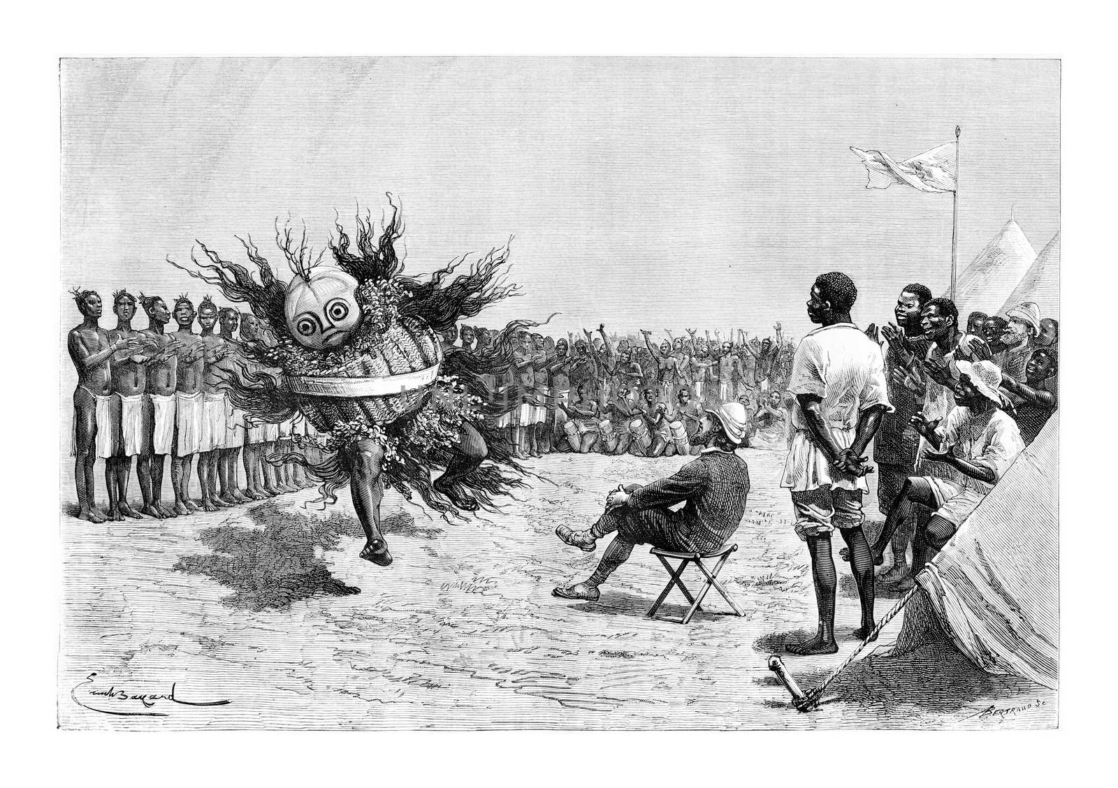 Mabandan Dancer from Burundi, in Eastern Africa, drawing by Bayard based on the English edition, vintage illustration. Le Tour du Monde, Travel Journal, 1881