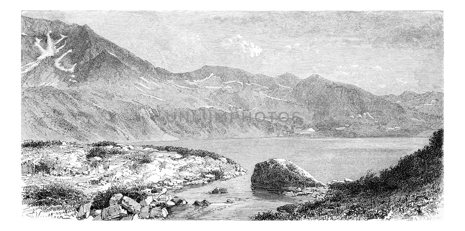 Lake Wielki Staw in the Valley of the Five Lakes, in Krkonose Mountains, Poland, drawing by G. Vuillier from a photograph, vintage engraved illustration. Le Tour du Monde, Travel Journal, 1881