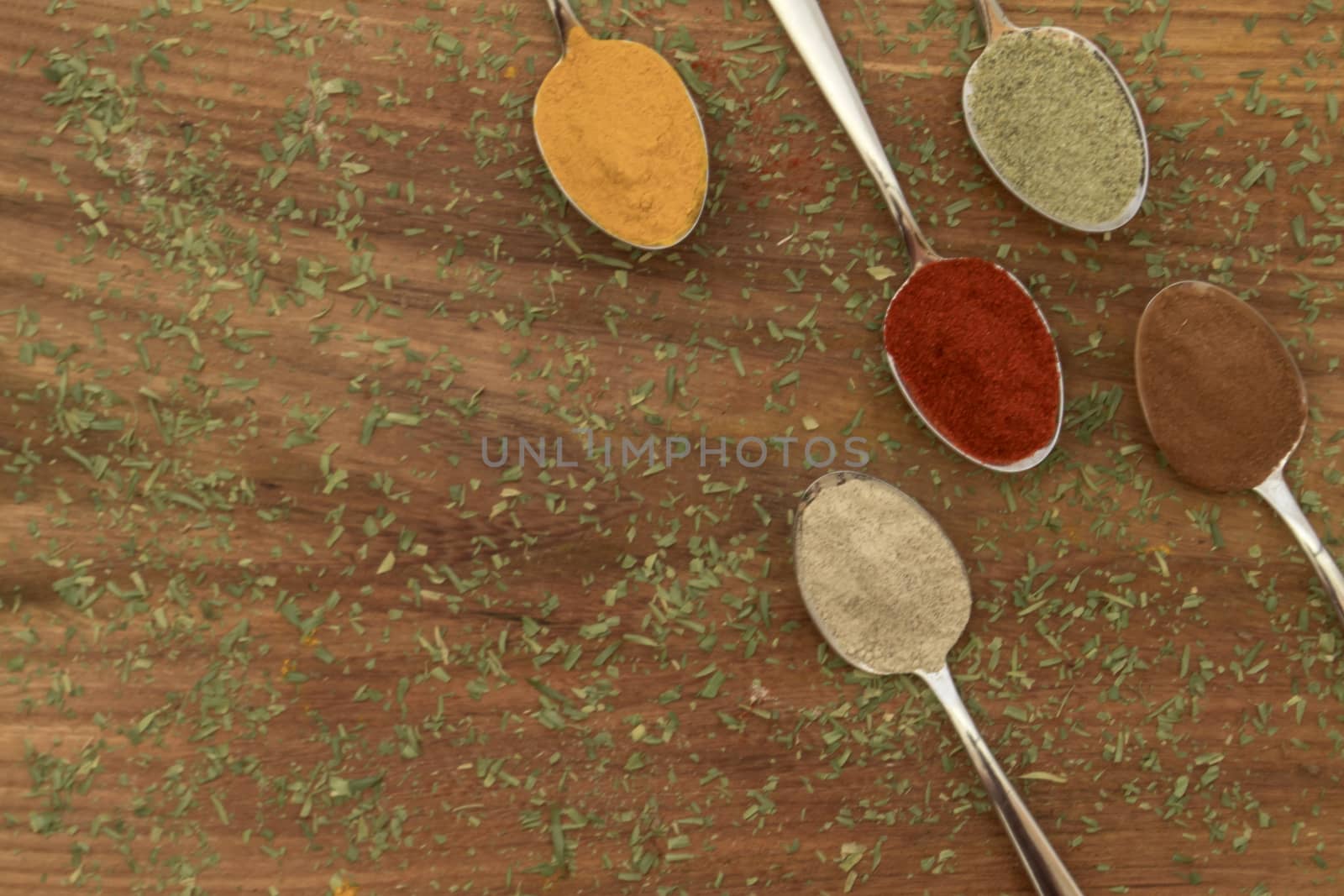 Various colorful spices arranged on spoons  with wooden background