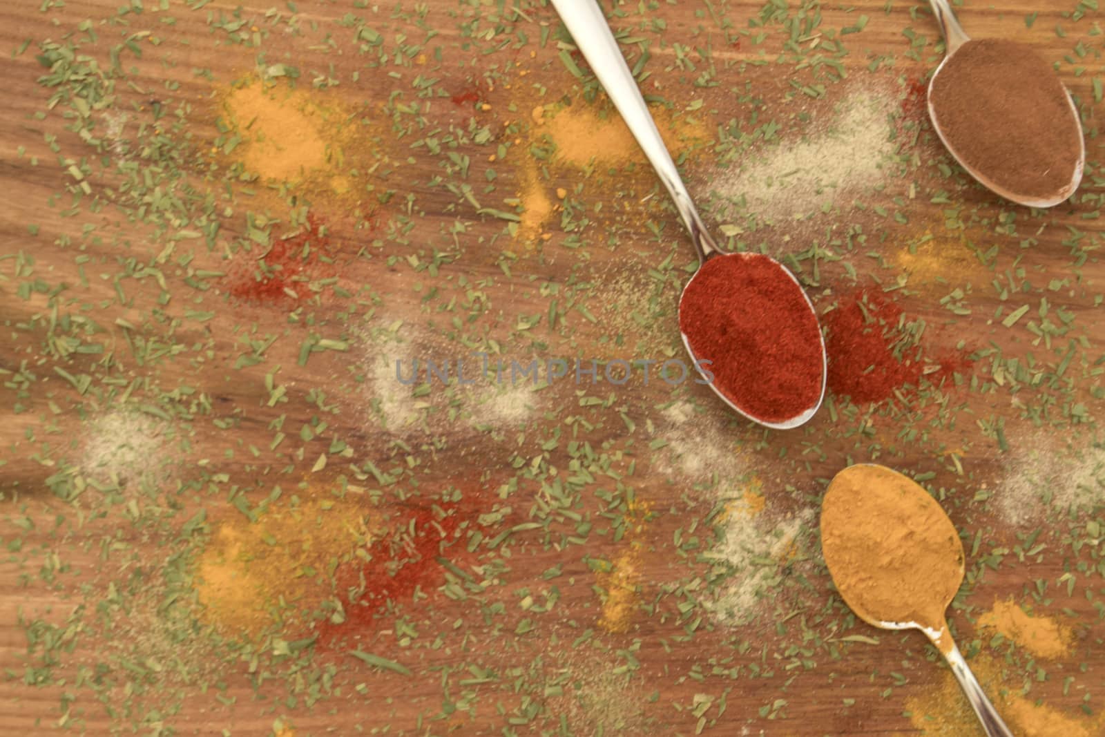 Various colorful spices arranged on spoons  with wooden background