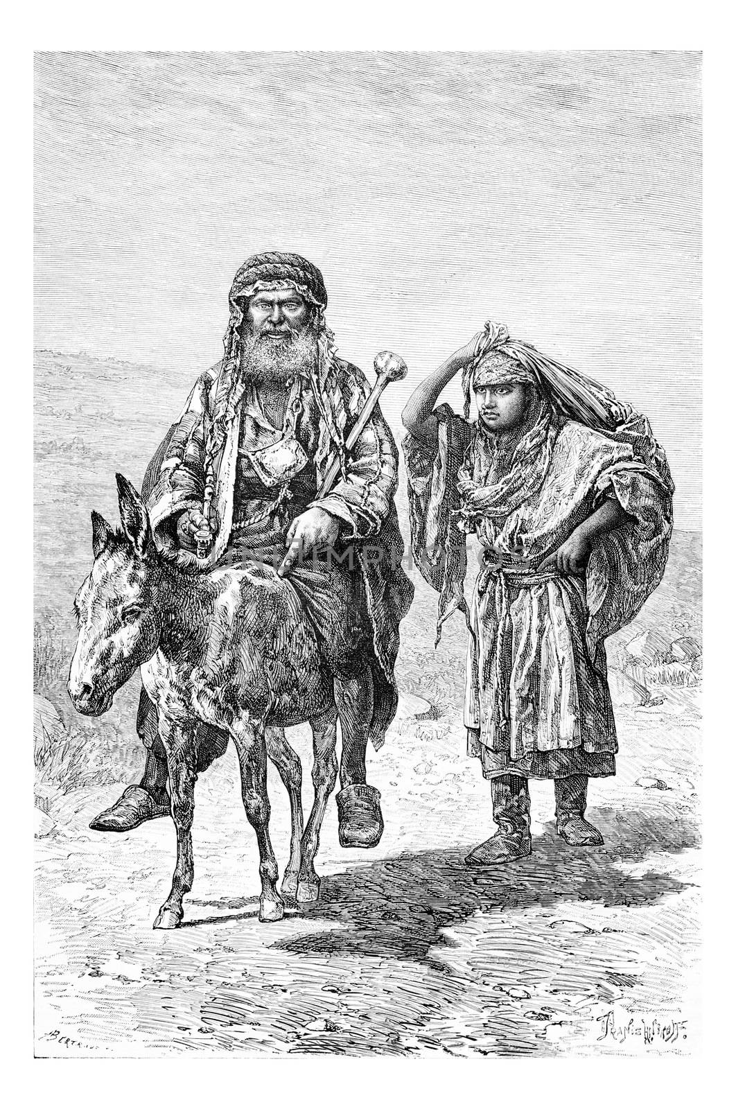 Mountaineer and Wife in Nablus in West Bank, Israel, vintage eng by Morphart