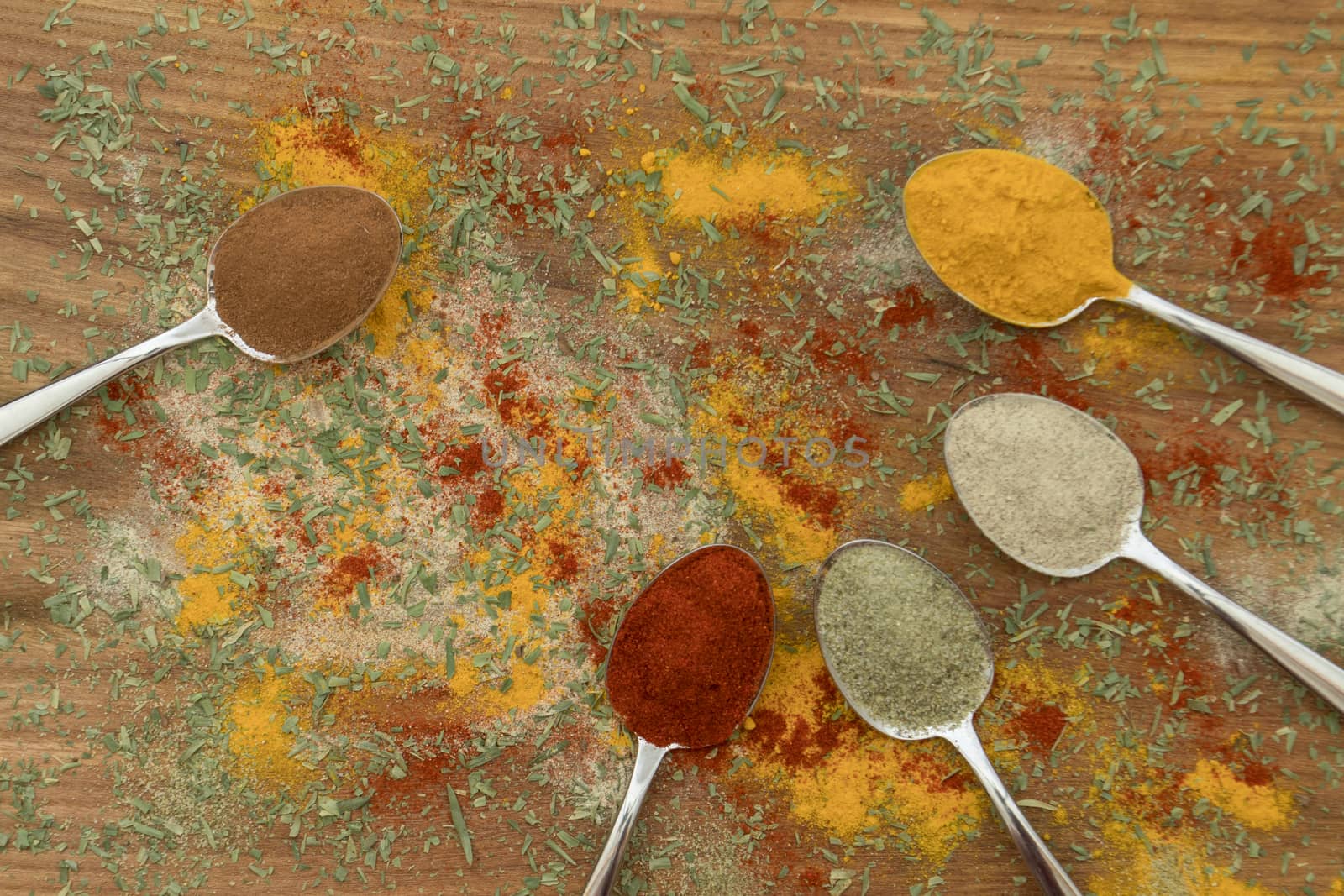 Various colorful spices arranged on spoons  with wooden background