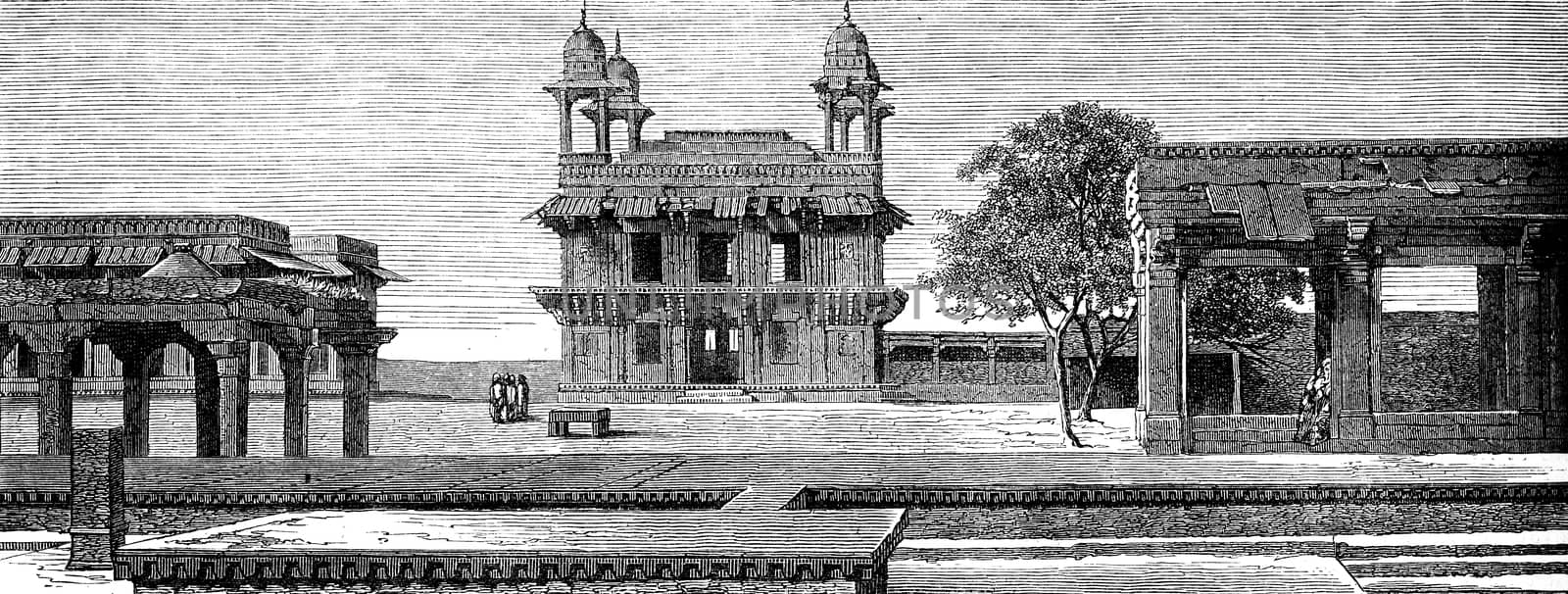 Diwan-i-Khas and court Pachisi to Fatehpur Sikri, vintage engraved illustration. Le Tour du Monde, Travel Journal, (1872).
