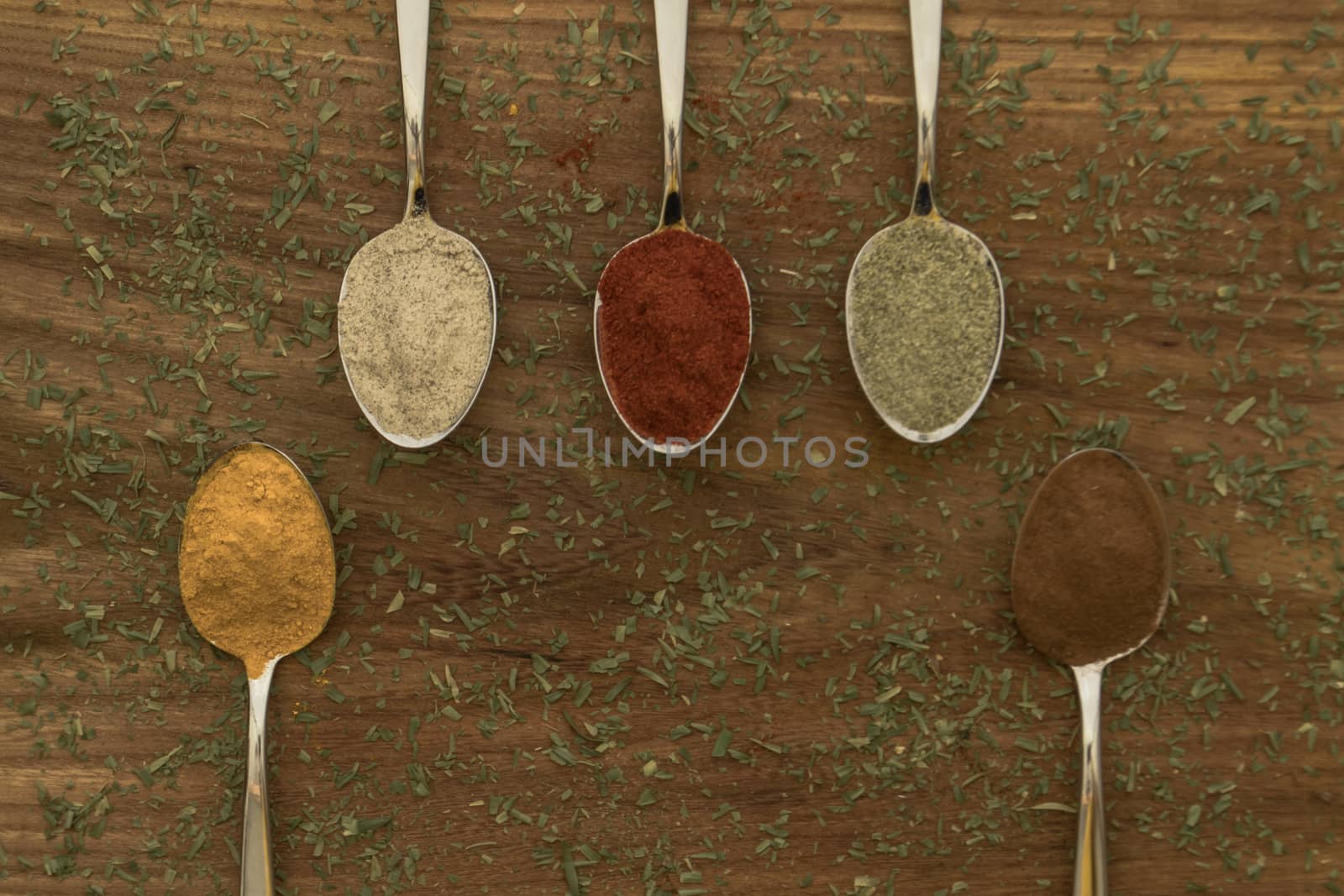 Various colorful spices arranged on spoons  with wooden background