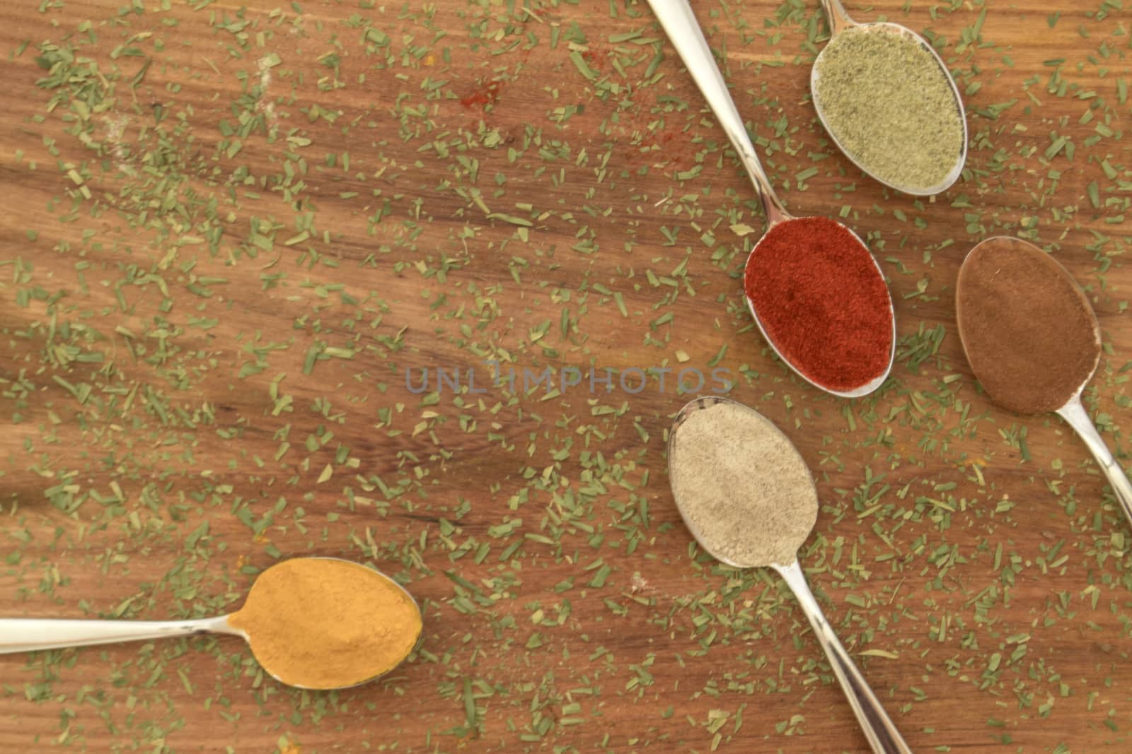 Various colorful spices arranged on spoons  with wooden background