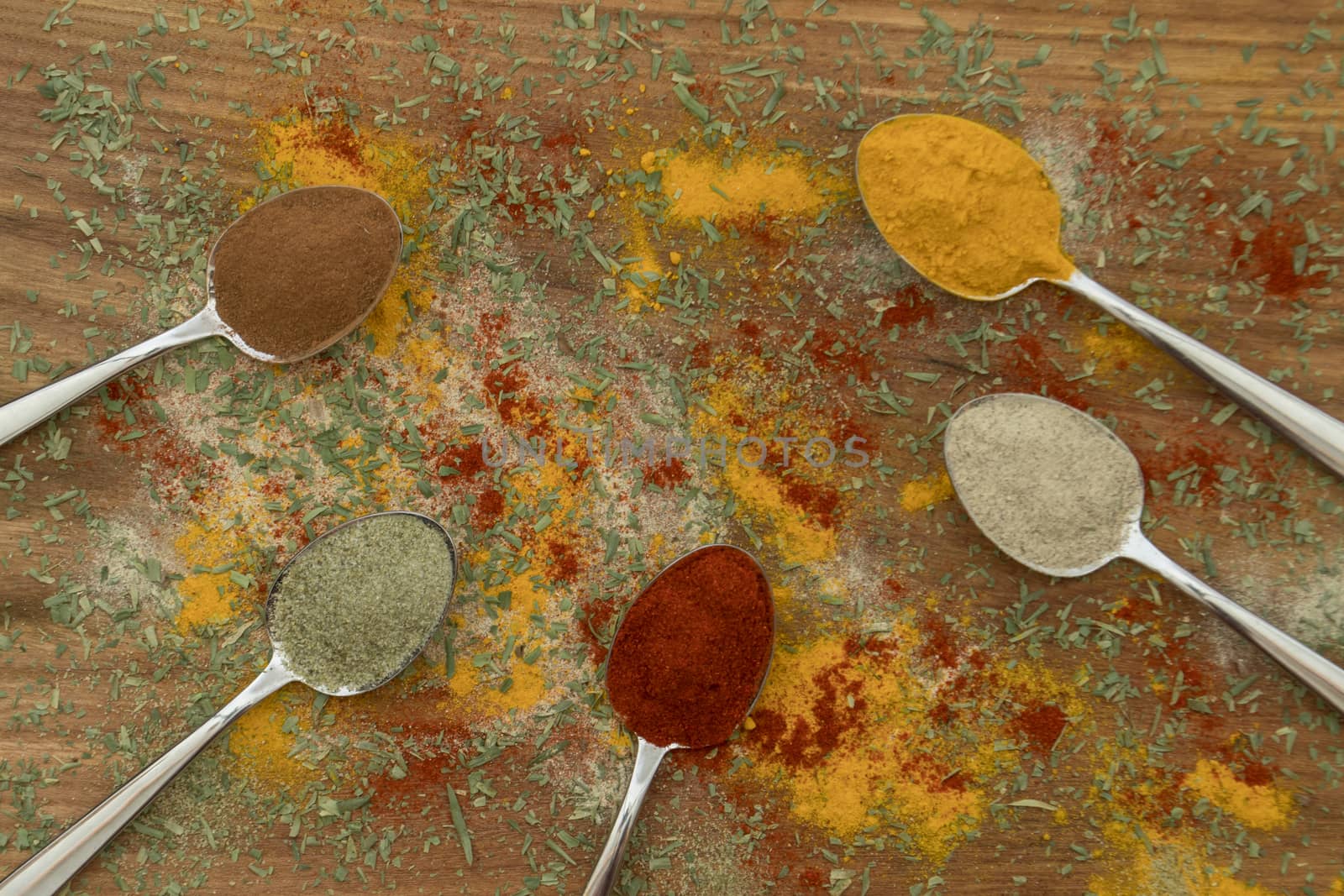 Various colorful spices arranged on spoons  with wooden background