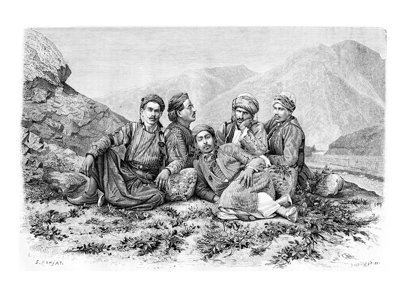 Camel Drivers Resting, vintage engraving by Morphart