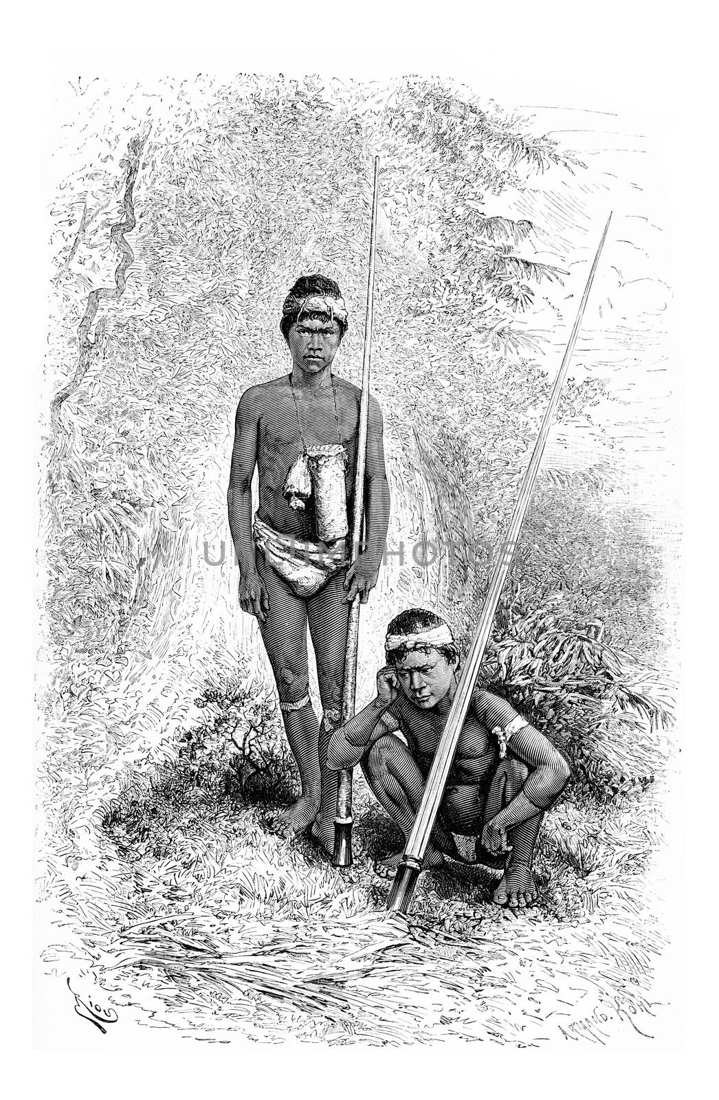 Indians of the Town of San Miguel in Amazonas, Brazil, serving as escorts of Santa Cruz, drawing by Riou from a photograph, vintage engraved illustration. Le Tour du Monde, Travel Journal, 1881