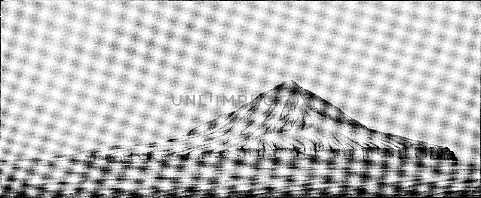 The Krakatoa volcano before the eruption of 1883, vintage engraved illustration. From the Universe and Humanity, 1910.
