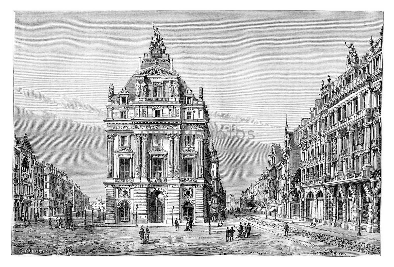 Northern and Anspach Boulevards and the Place de Brouckere in Brussels, Belgium, drawing by Catenacci based on a photograph by Levy, vintage illustration. Le Tour du Monde, Travel Journal, 1881