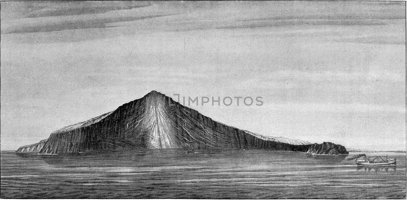 Trench produced by the eruption of 1883 Krakatoa volcano in the Strait of Sunda, vintage engraved illustration. From the Universe and Humanity, 1910.
