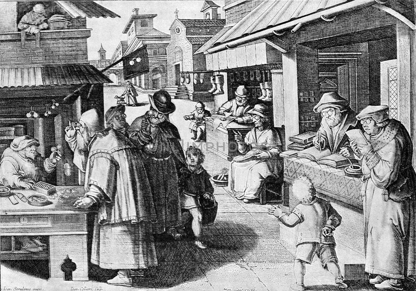 Manufacturers and spectacle wearers in the sixteenth century, vintage engraved illustration. From the Universe and Humanity, 1910.
