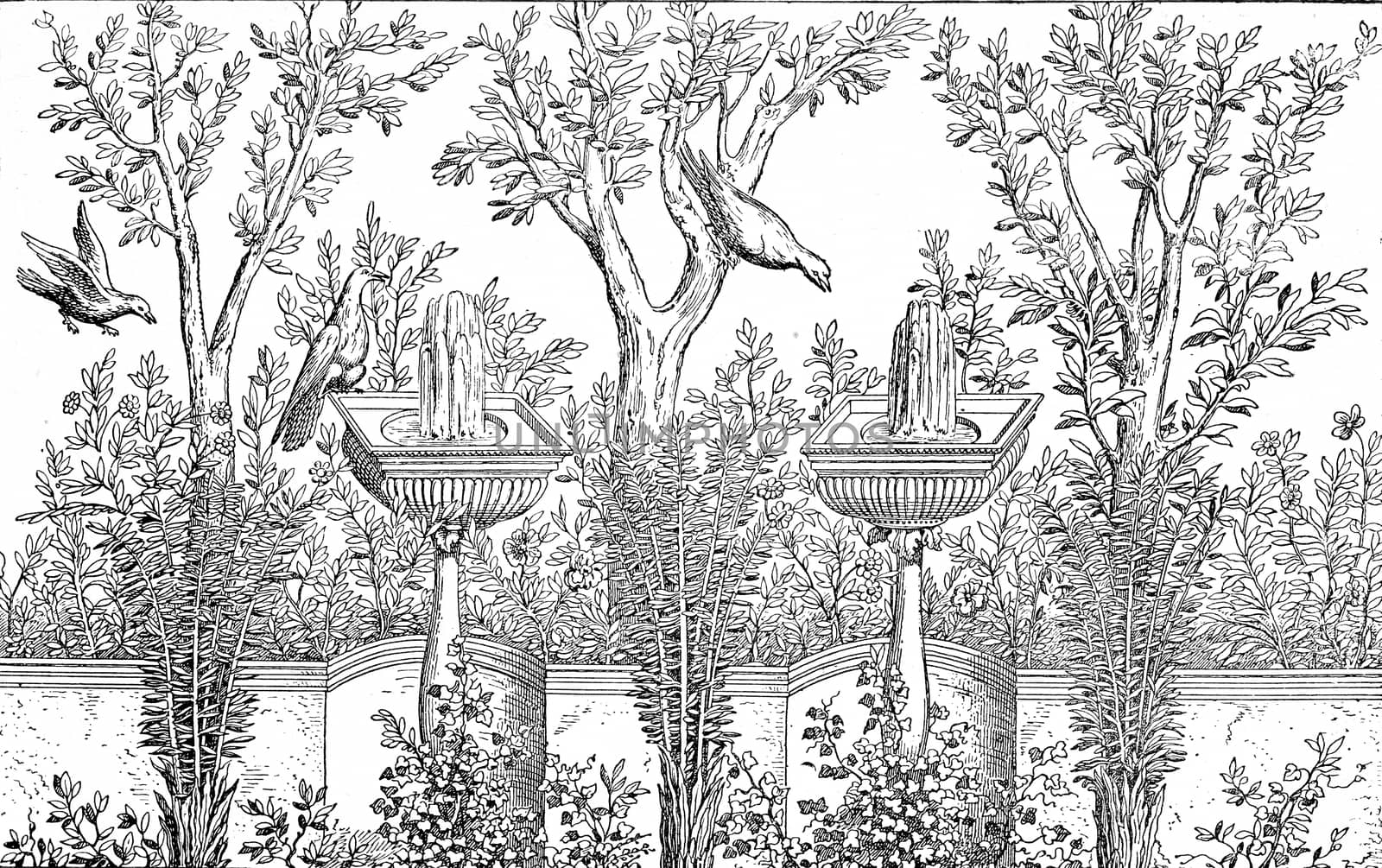 Decorative Garden, vintage engraved illustration. Private life of Ancient-Antique family-1881.
