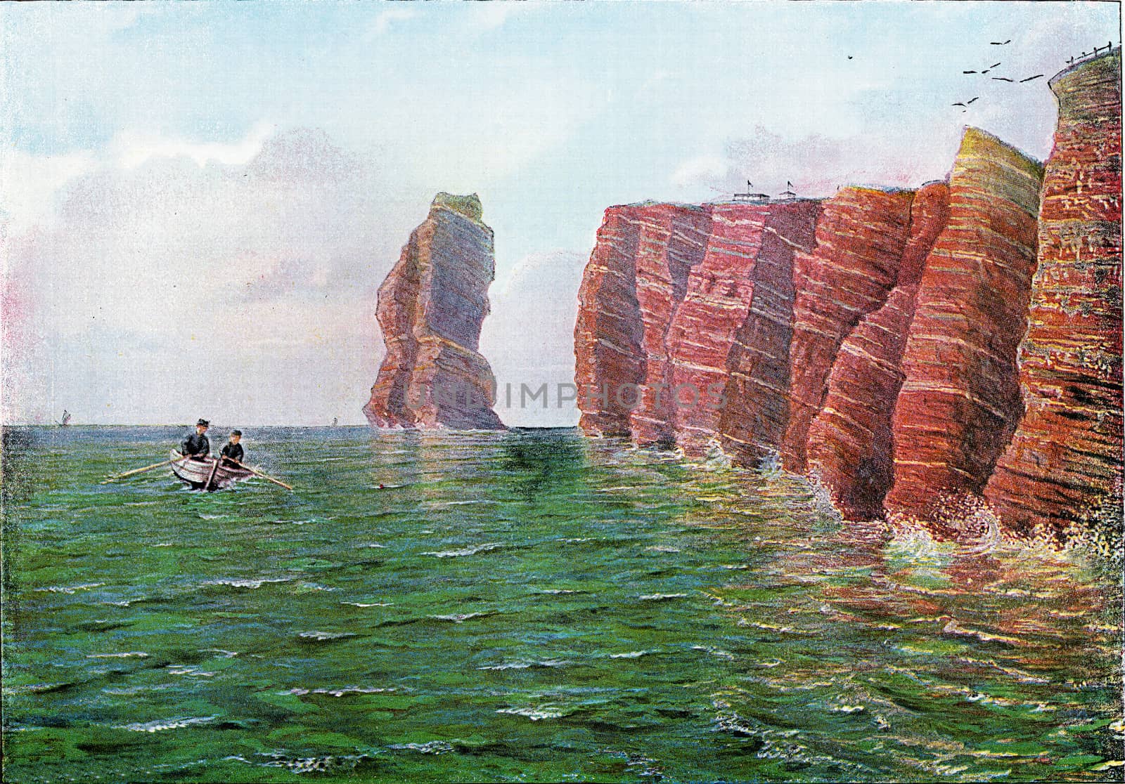 Pointed north of Heligoland to the west at high tide, vintage engraved illustration. From the Universe and Humanity, 1910.

