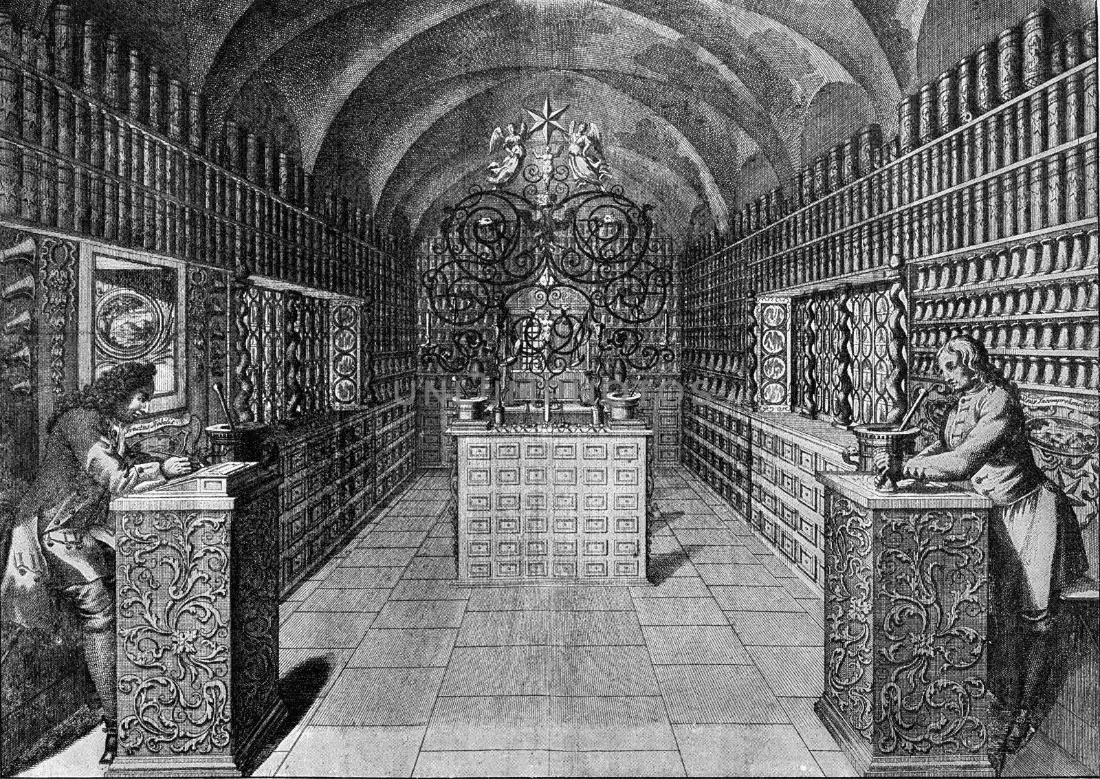 An old German pharmacy, vintage engraved illustration. From the Universe and Humanity, 1910.
